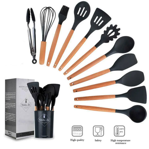 12PCS Silicone Cooking Utensils Set with Wooden Handles