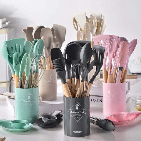 12PCS Silicone Cooking Utensils Set with Wooden Handles