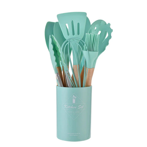 12PCS Silicone Cooking Utensils Set with Wooden Handles