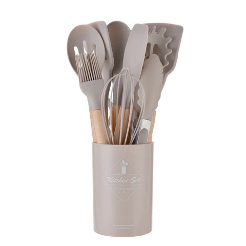 12PCS Silicone Cooking Utensils Set with Wooden Handles