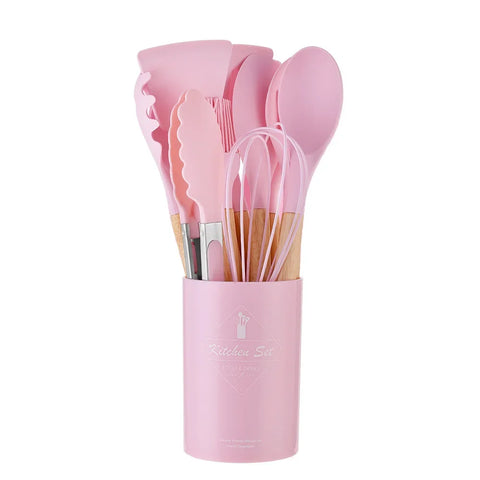12PCS Silicone Cooking Utensils Set with Wooden Handles