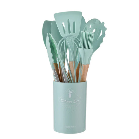 12PCS Silicone Cooking Utensils Set with Wooden Handles