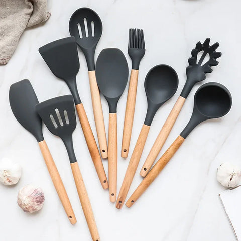 12PCS Silicone Cooking Utensils Set with Wooden Handles