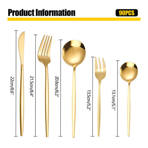 90PCS 18 Set Gold Flatware Cutlery 5 Golden Stainless Steel Kitchen Utensils
