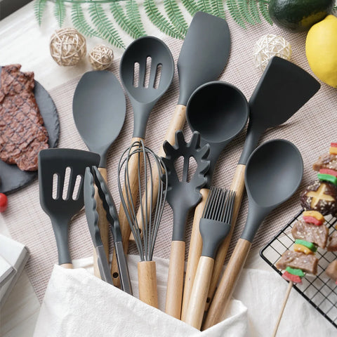 12PCS Silicone Cooking Utensils Set with Wooden Handles