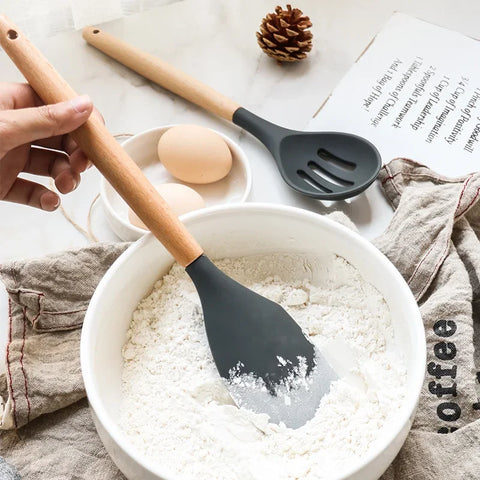 12PCS Silicone Cooking Utensils Set with Wooden Handles